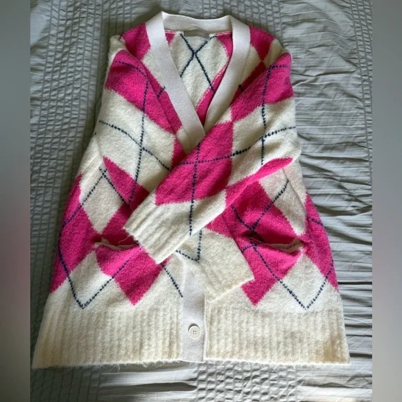 Everlane SuperFuzz Alpaca Cardigan Pink White Argyle Sweater Oversize Medium - Picture 7 of 8